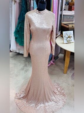 Sequin Long-Sleeve Mermaid Maxi Dress in Rose Gold